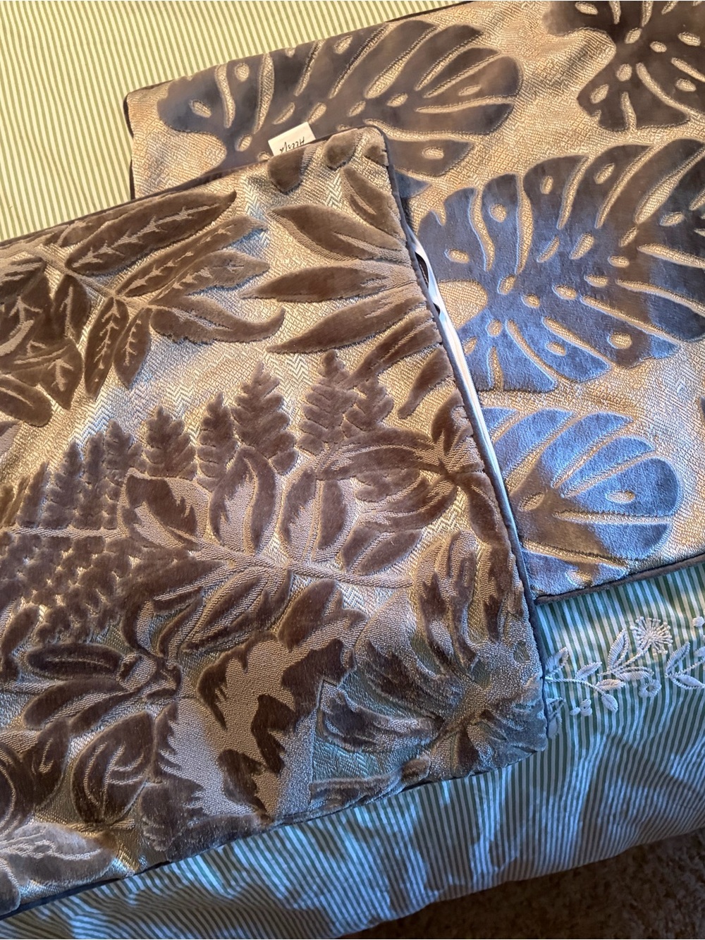 Velvet Botanical Accent Pillow covers  in silver and gray